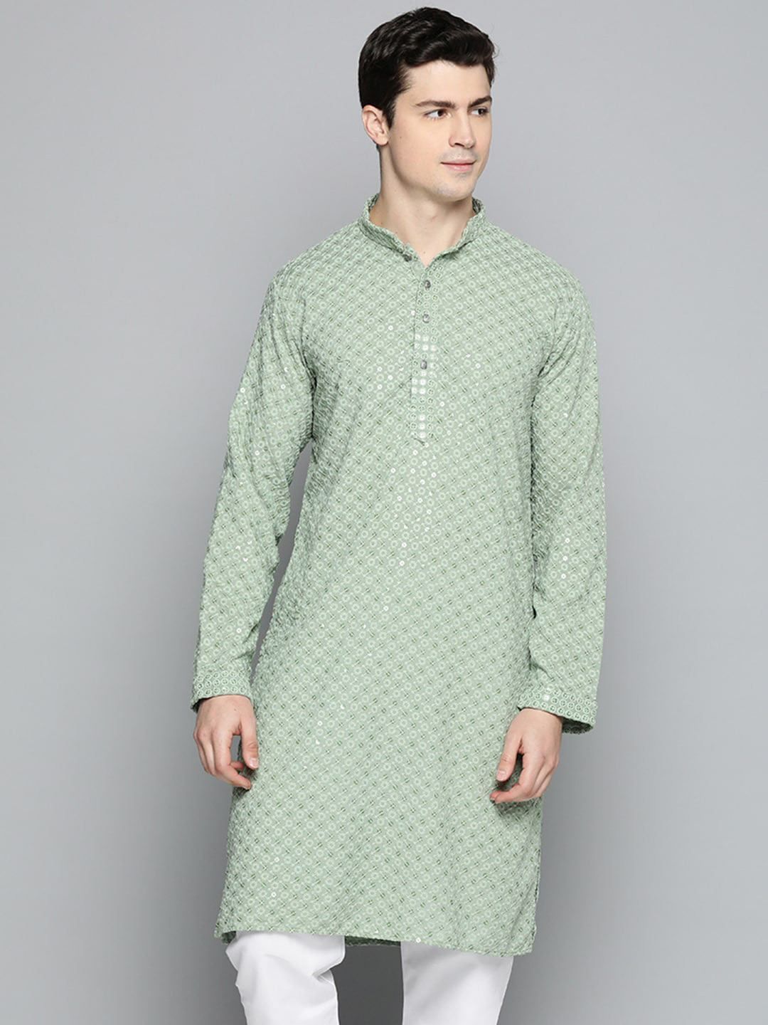 

Jompers Geometric Embroidered Chikankari Pure Cotton Straight Kurta, Green