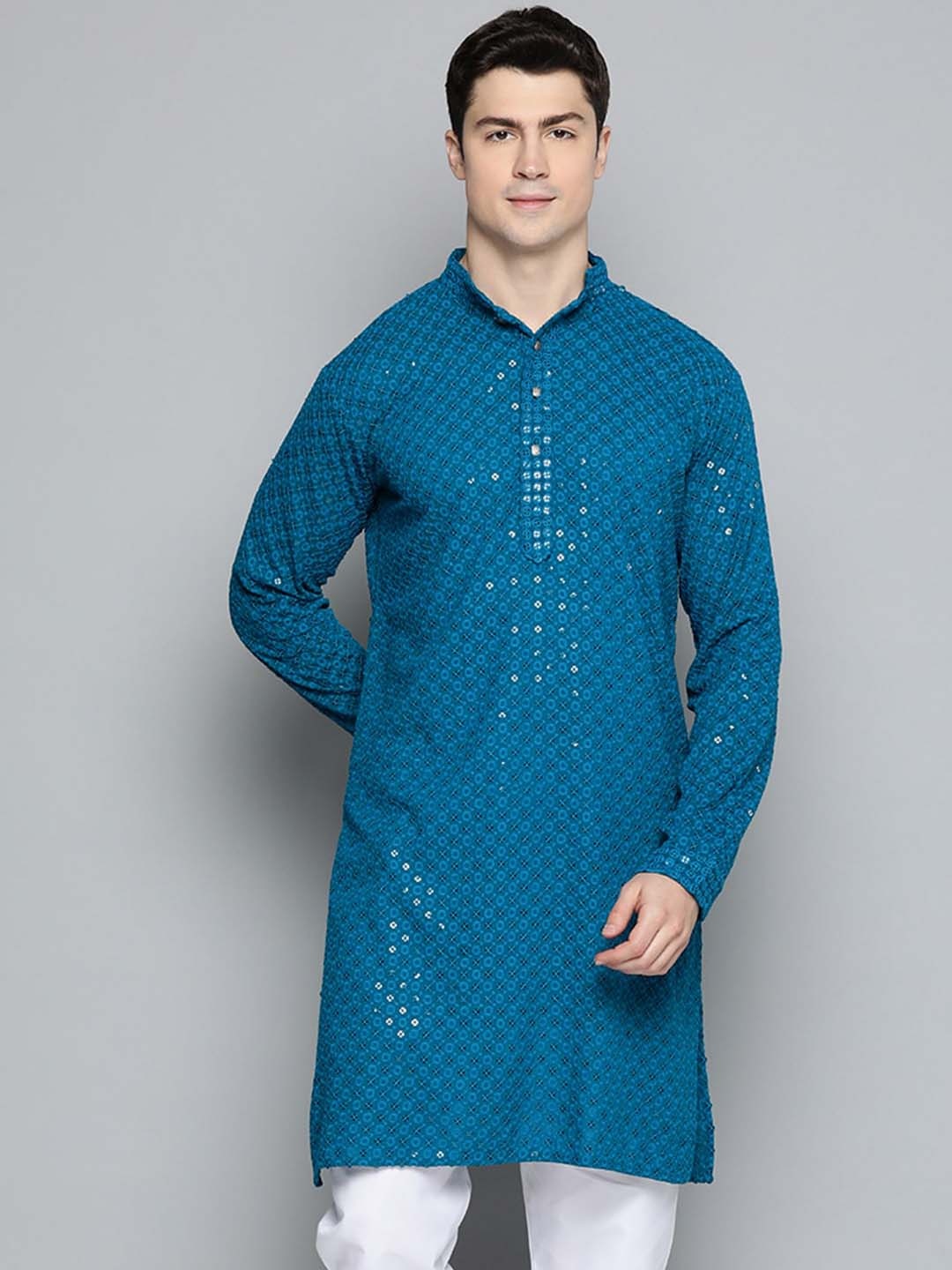 Jompers Floral Embroidered Sequinned Chikankari Cotton Kurta, Blue