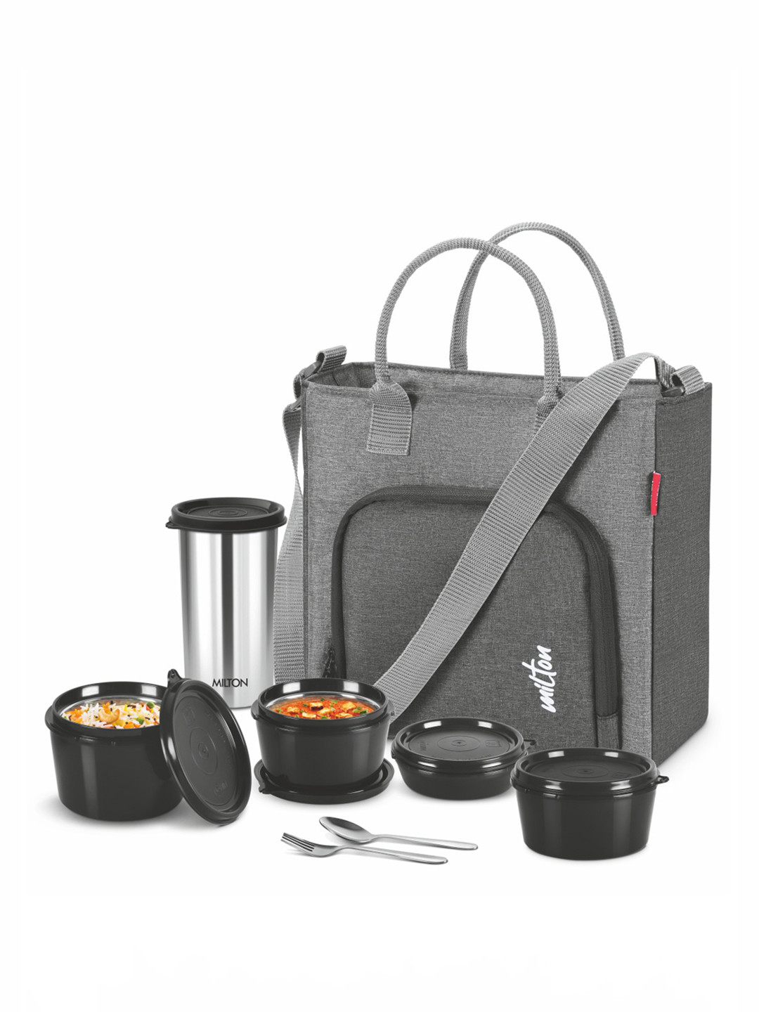 

Milton 4 Pcs Style Mate Tiffin Inner Steel Containers Tumbler 380 ml Spoon & Fork Fabric, Grey