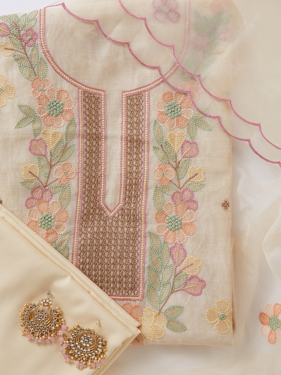 

SALWAR STUDIO Floral Embroidered Organza Unstitched Dress Material, Cream