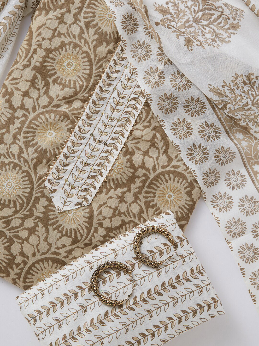 

SALWAR STUDIO Floral Printed Pure Cotton Unstitched Dress Material, Beige