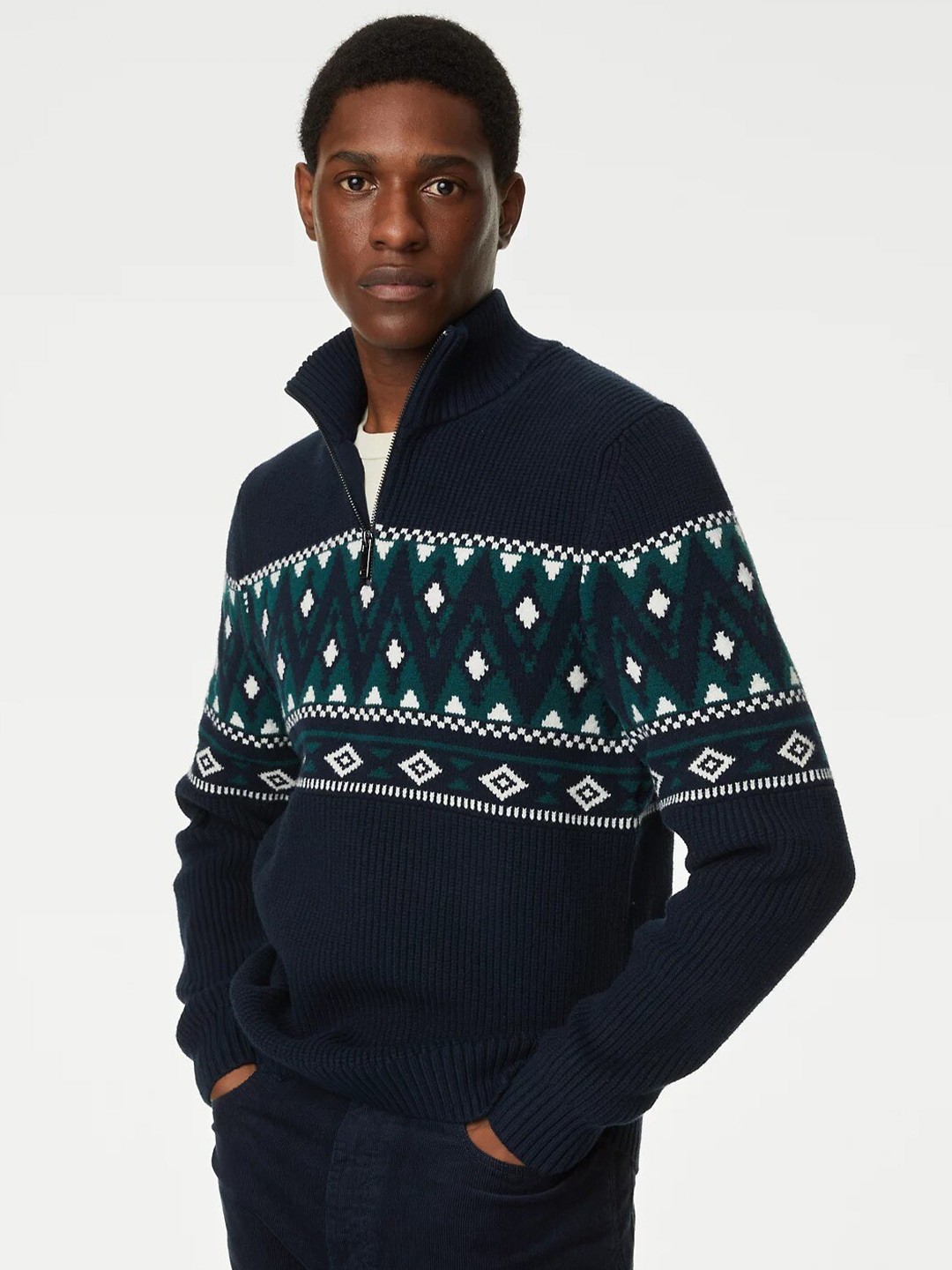 

Marks & Spencer Geometric Self Design Pullover, Navy blue