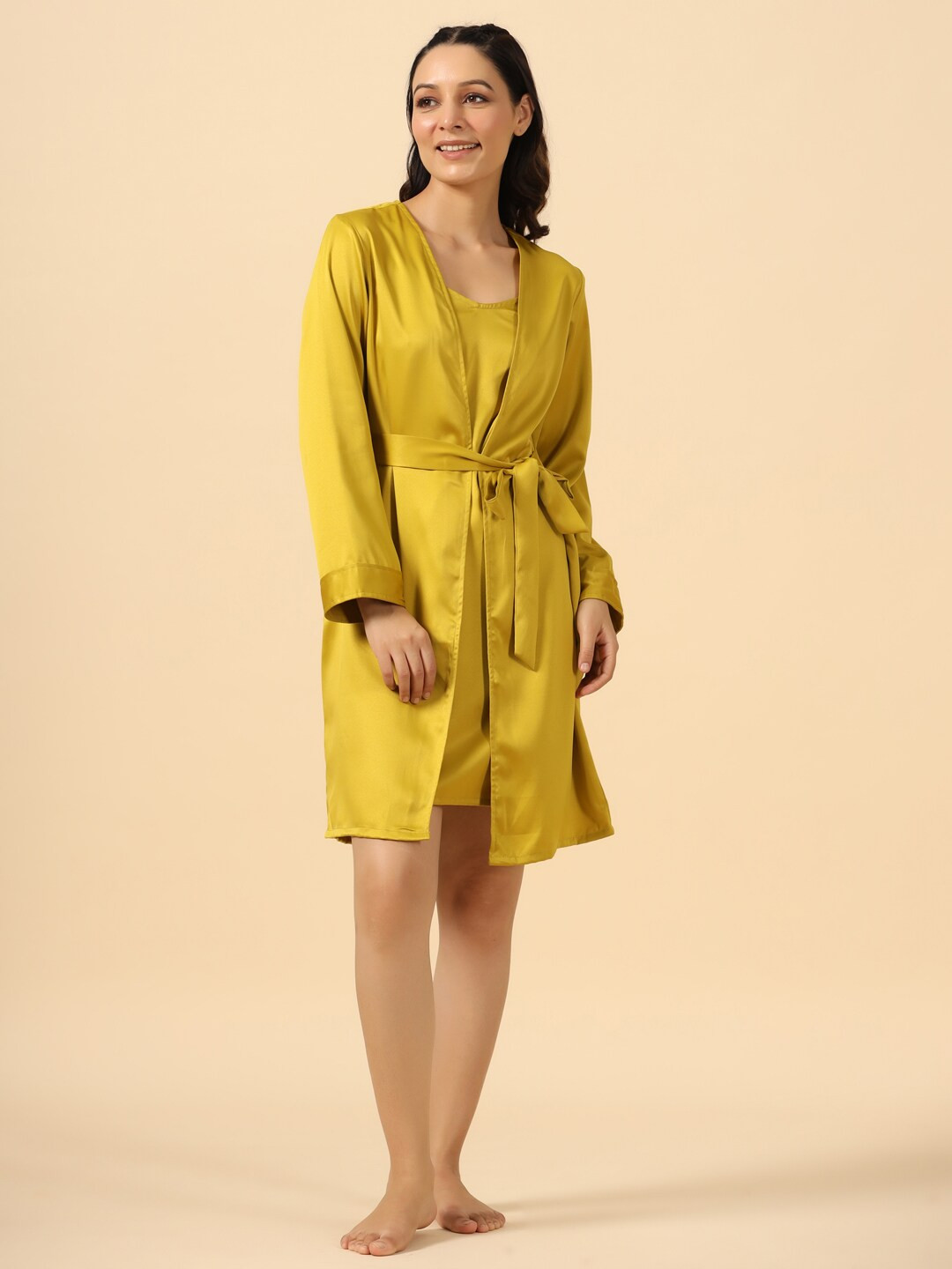 

ETC Mustard Yellow Shoulder Straps Satin Wrap Nightdress Comes With Robe