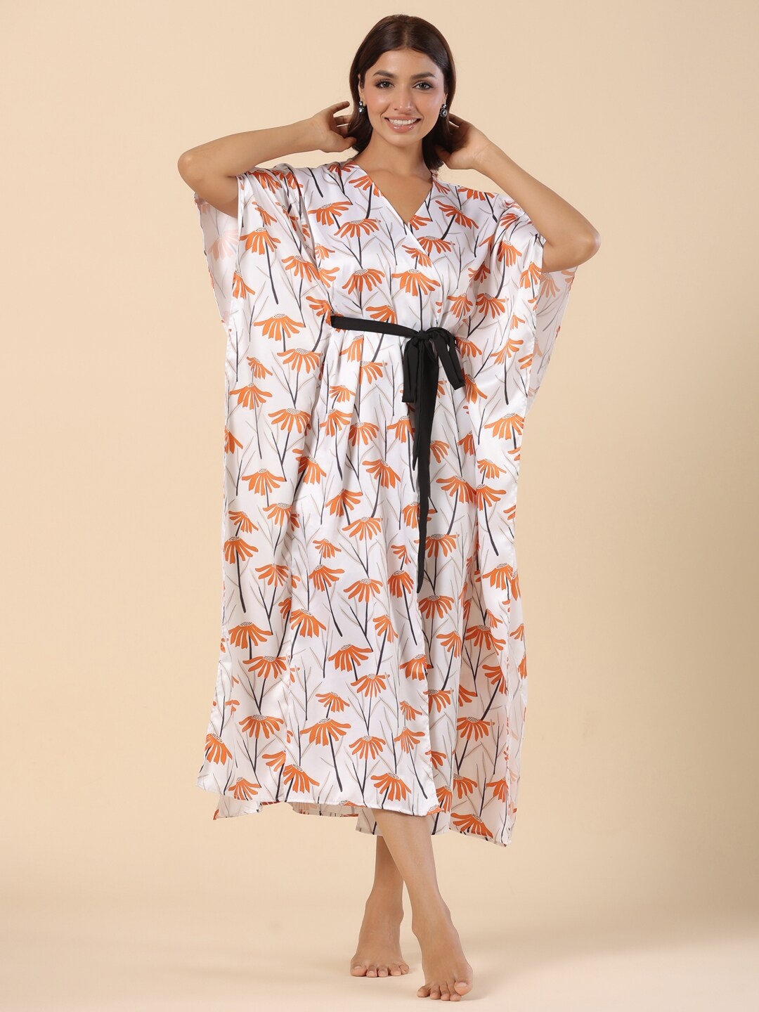 

ETC White Floral Printed Midi Kaftan Nightdress