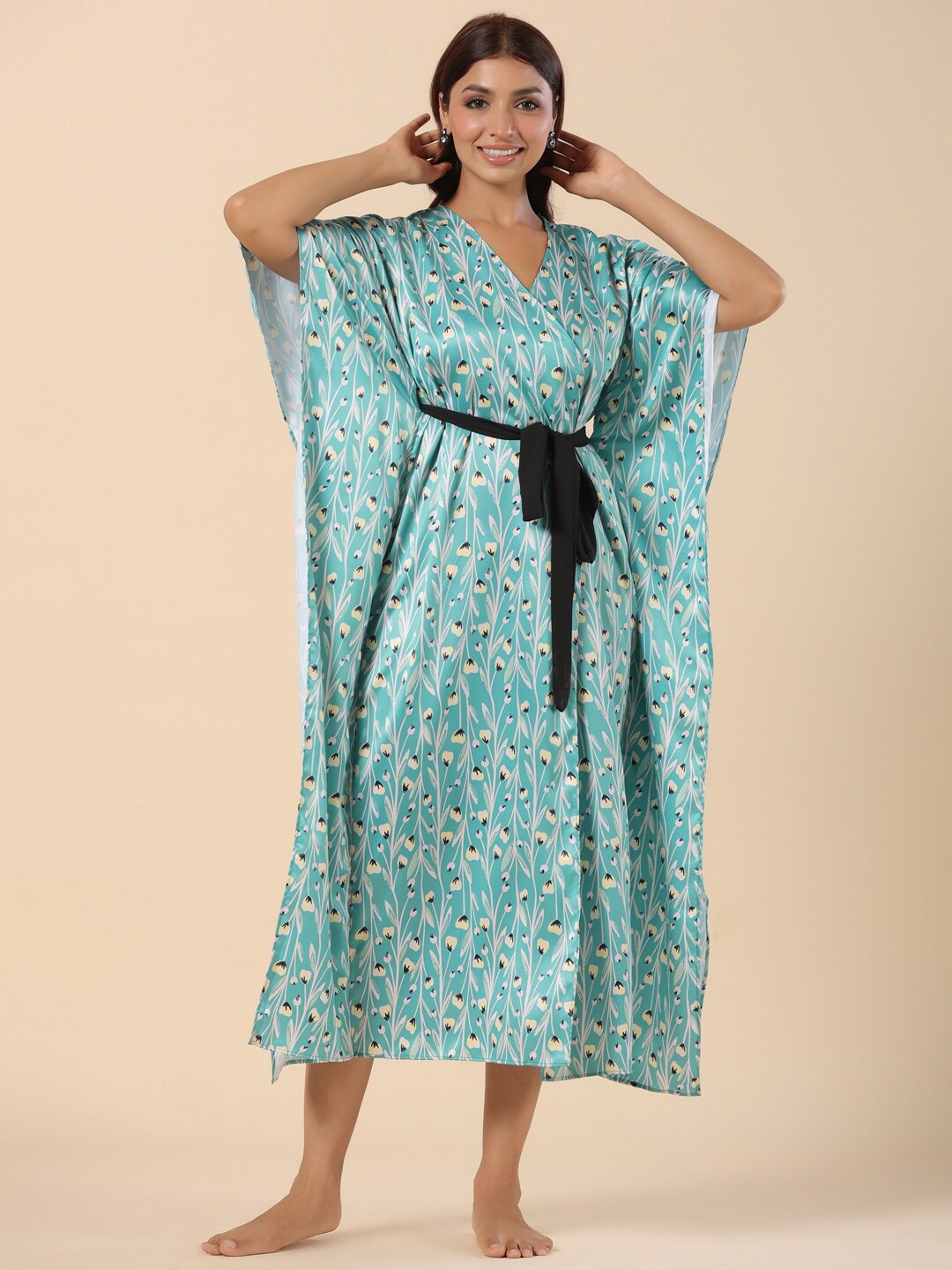 

ETC Green Floral Printed Midi Kaftan Nightdress