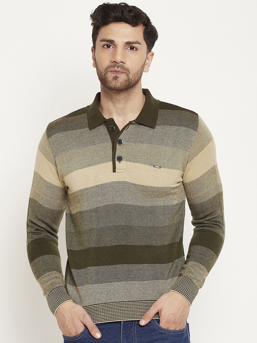 

Duke Striped Polo Collar Acrylic Pullover, Green
