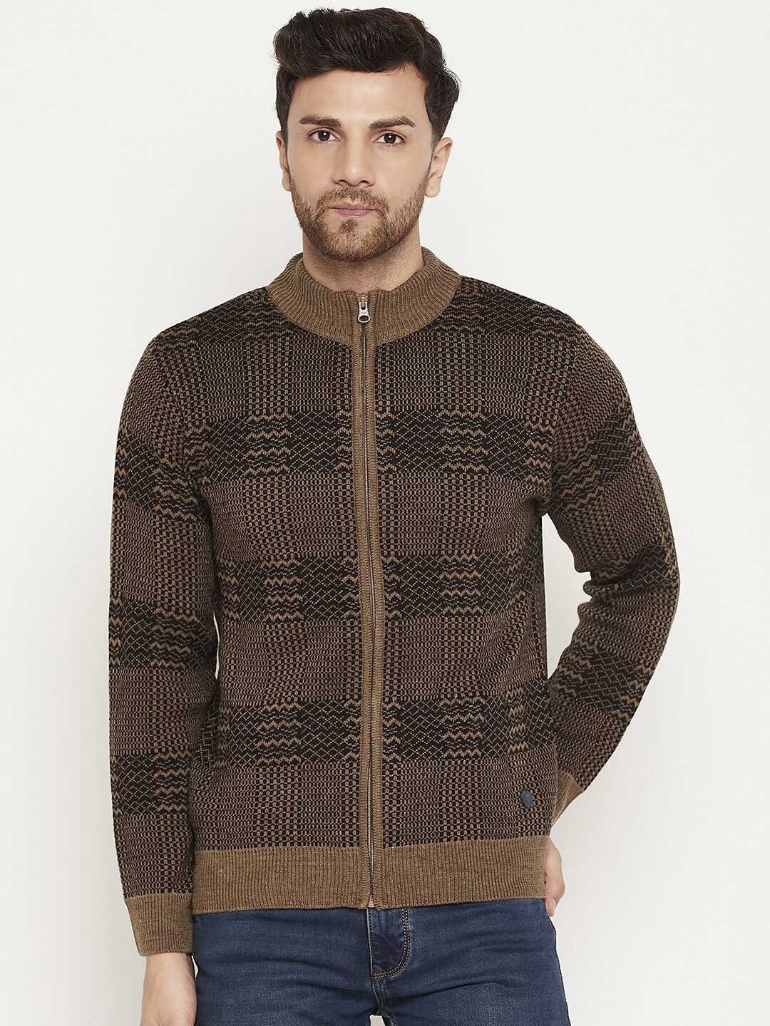 

Duke Geometric Self Design Mock Collar Acrylic Front-Open Sweater, Beige