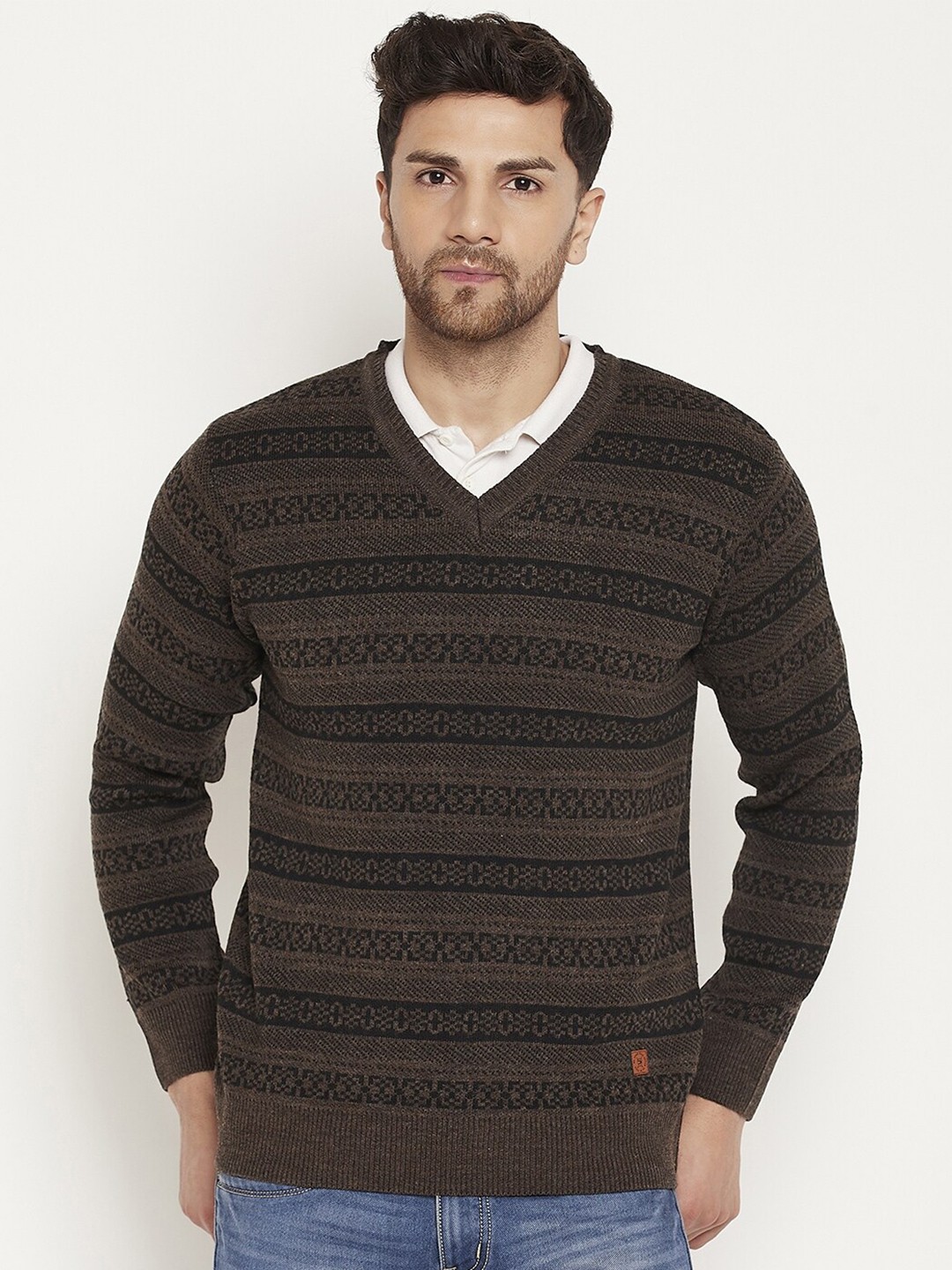 

Duke Striped V-Neck Acrylic Pullover, Brown