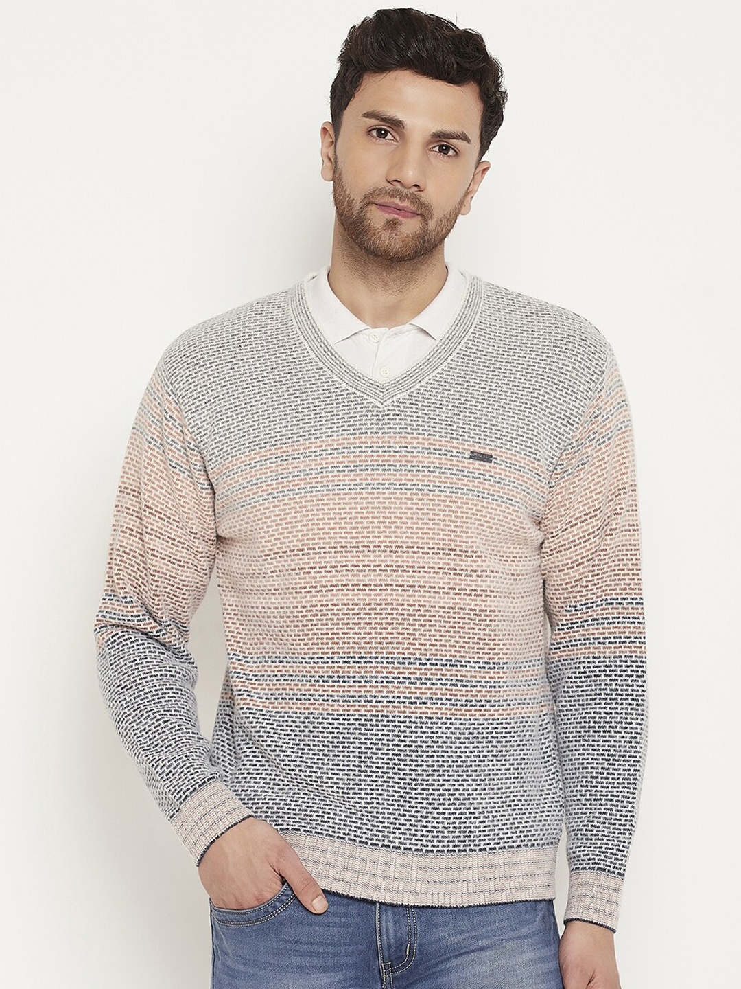 

Duke Striped V-Neck Acrylic Pullover, Pink