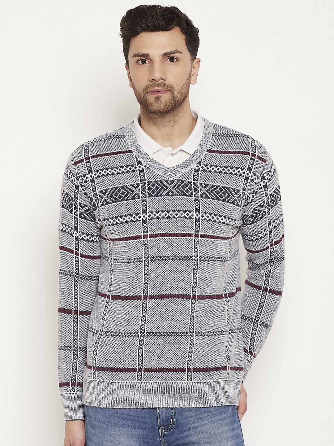 

Duke Geometric Self Design V-Neck Acrylic Pullover, Navy blue