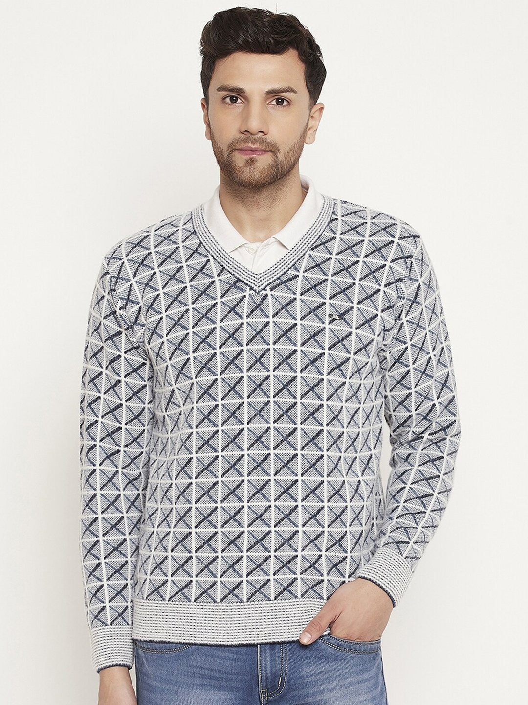

Duke Checked V-Neck Acrylic Pullover, Navy blue