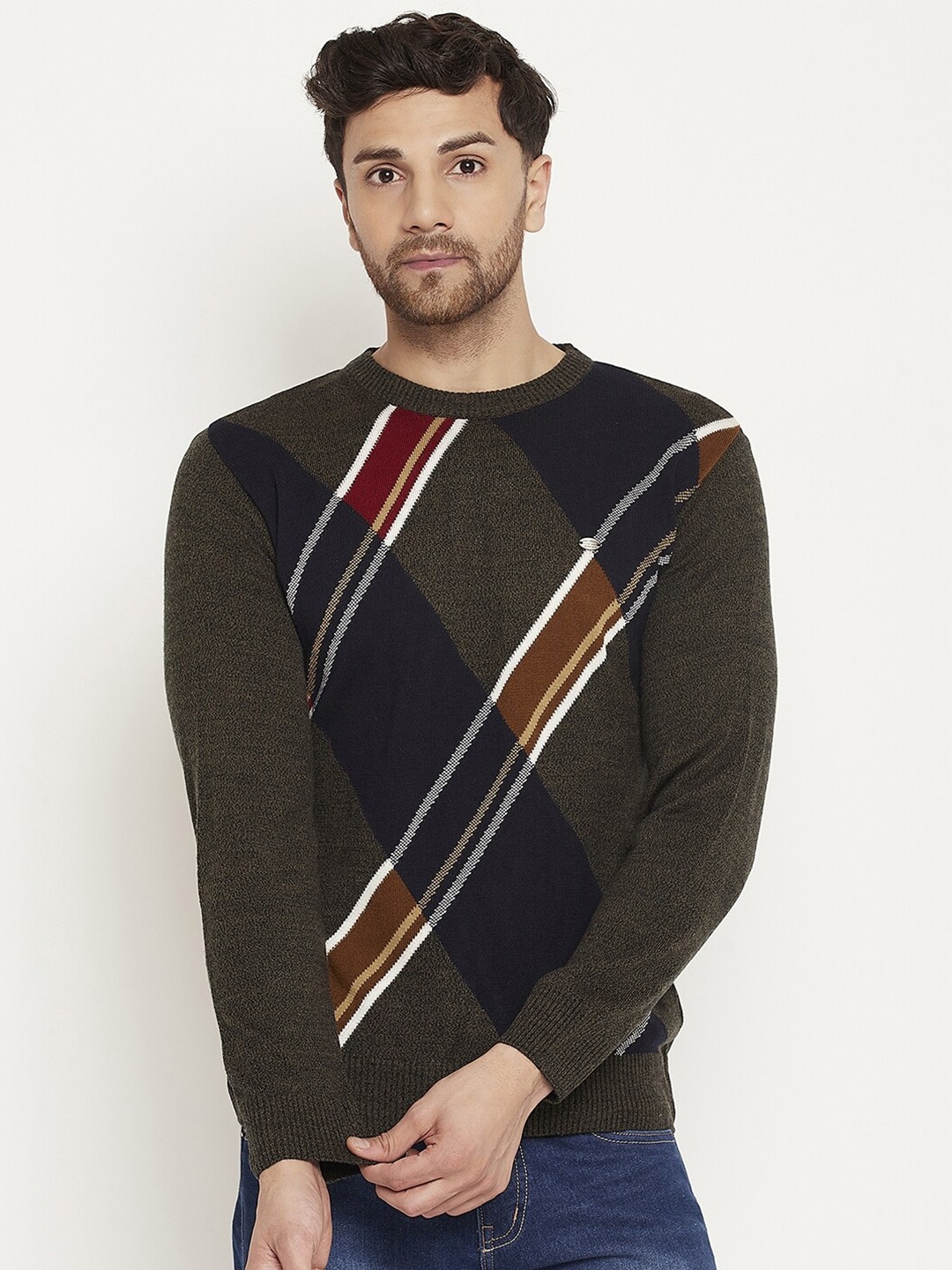 

Duke Striped Round Neck Acrylic Pullover, Olive