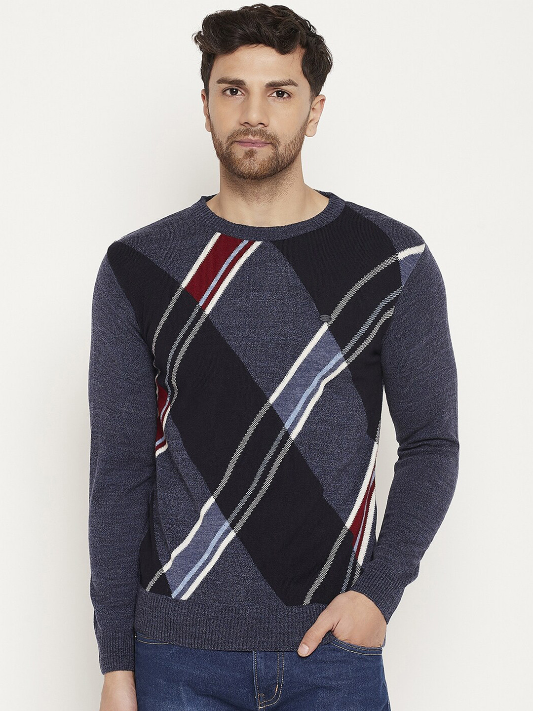 

Duke Geometric Self Design Acrylic Pullover, Navy blue