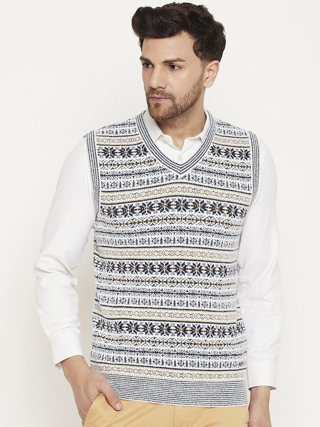 

Duke Geometric Self Design Acrylic Sweater Vest, White