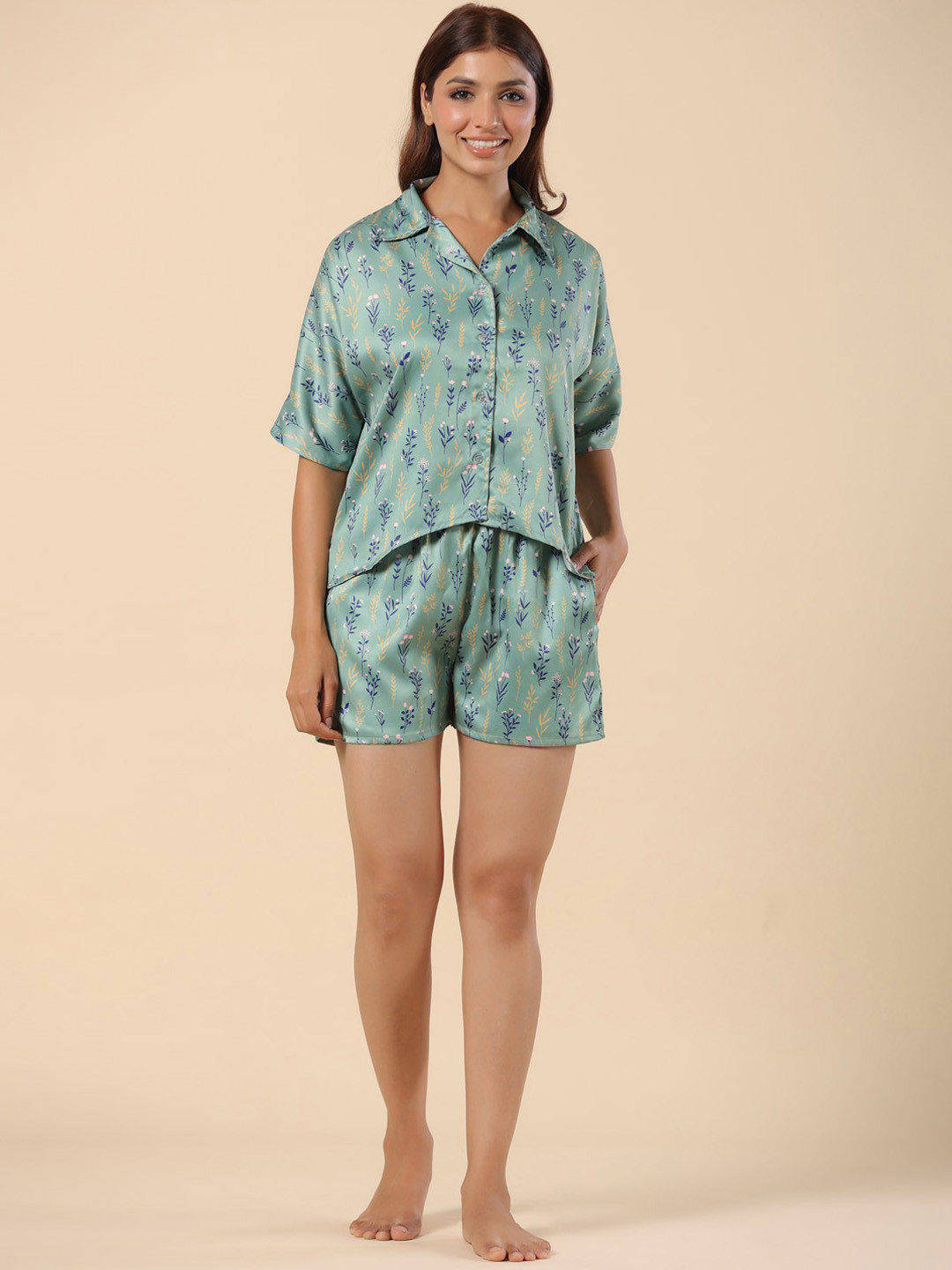 

ETC Floral Printed Shirt With Shorts, Green