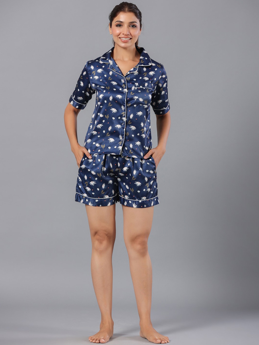 

ETC Navy Blue & White Floral Printed Lapel Collar Shirt & Shorts