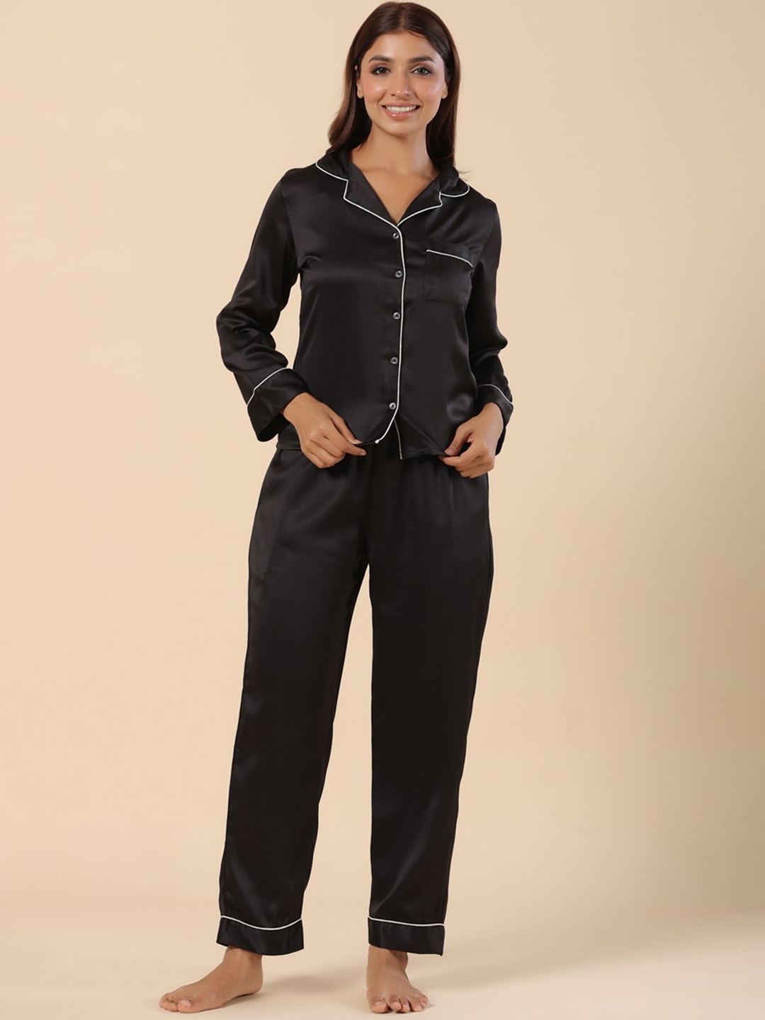 

ETC Lapel Collar Satin Shirt With Pyjama, Black