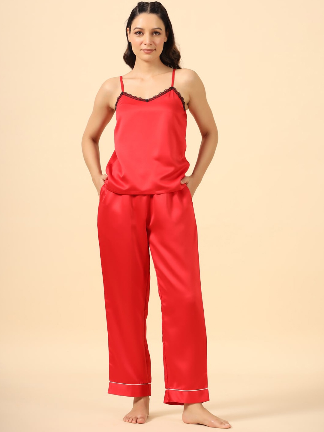 

ETC Women 3 Pieces Solid Satin Night suit, Red