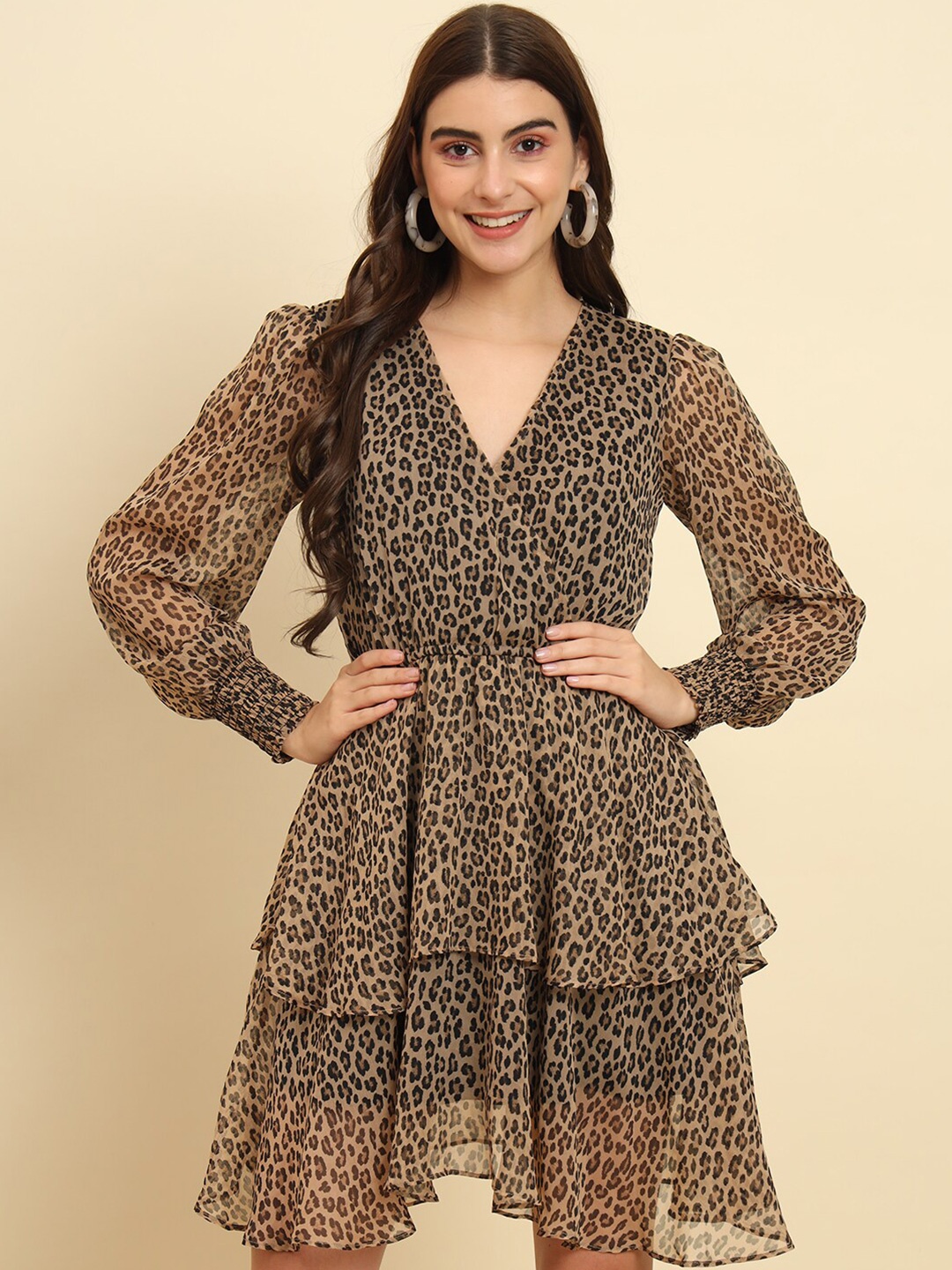 

Trend Arrest Animal Printed V-Neck Cuffed Sleeves Layered Fit & Flare Dress, Brown