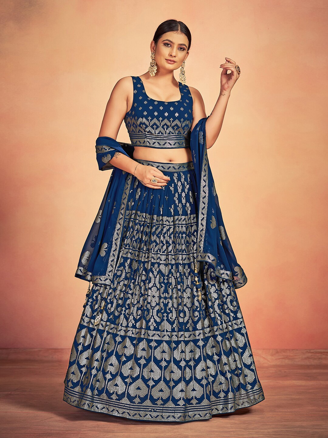 

JUST FASHION Embellished Sequinned Ready to Wear Lehenga & Blouse With Dupatta, Blue