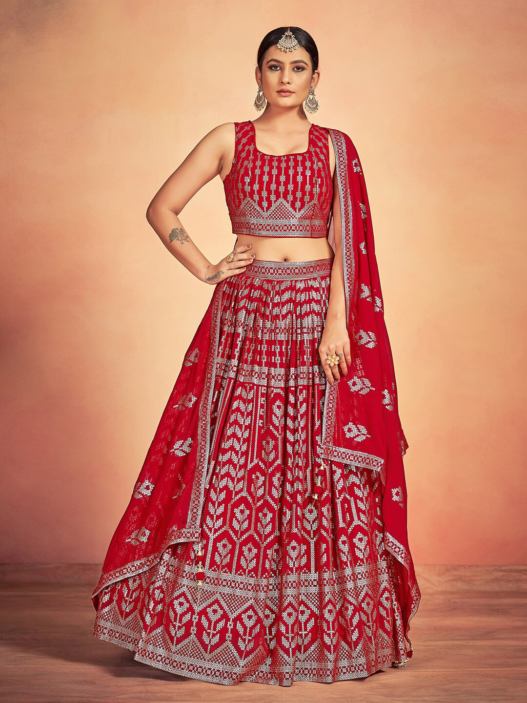 

JUST FASHION Embellished Sequinned Ready to Wear Lehenga & Blouse With Dupatta, Maroon