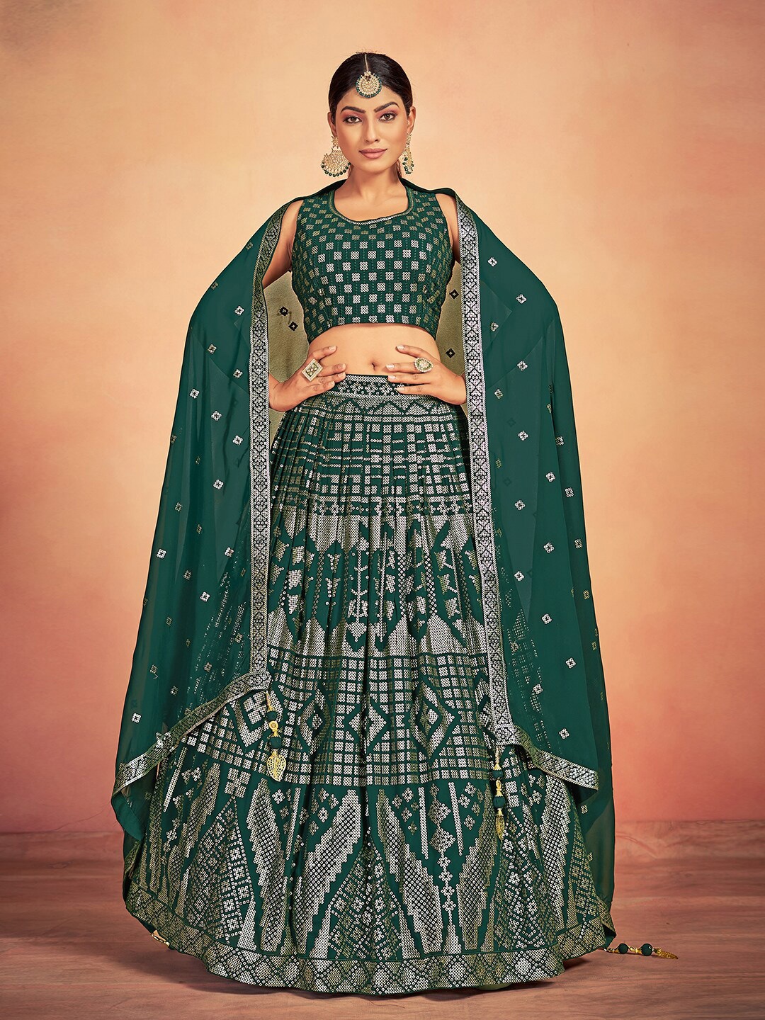 

JUST FASHION Embellished Round Neck Sleeveless Lehenga & Blouse With Dupatta, Green