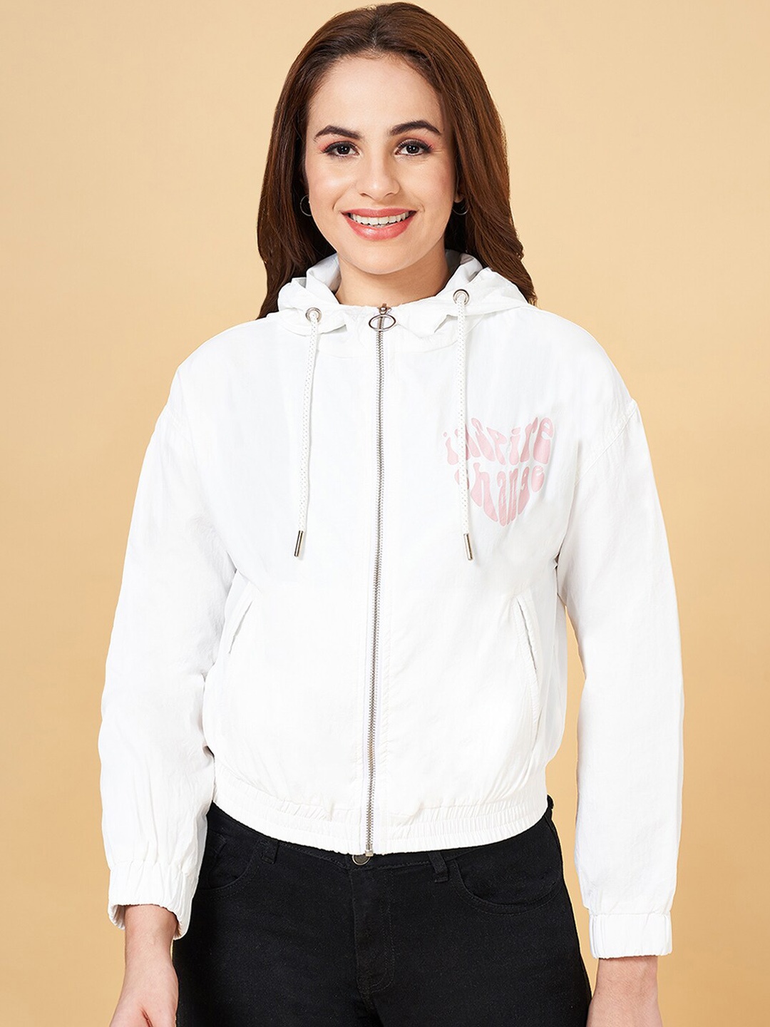 

People Hooded Typography Printed Tailored Jacket, Off white