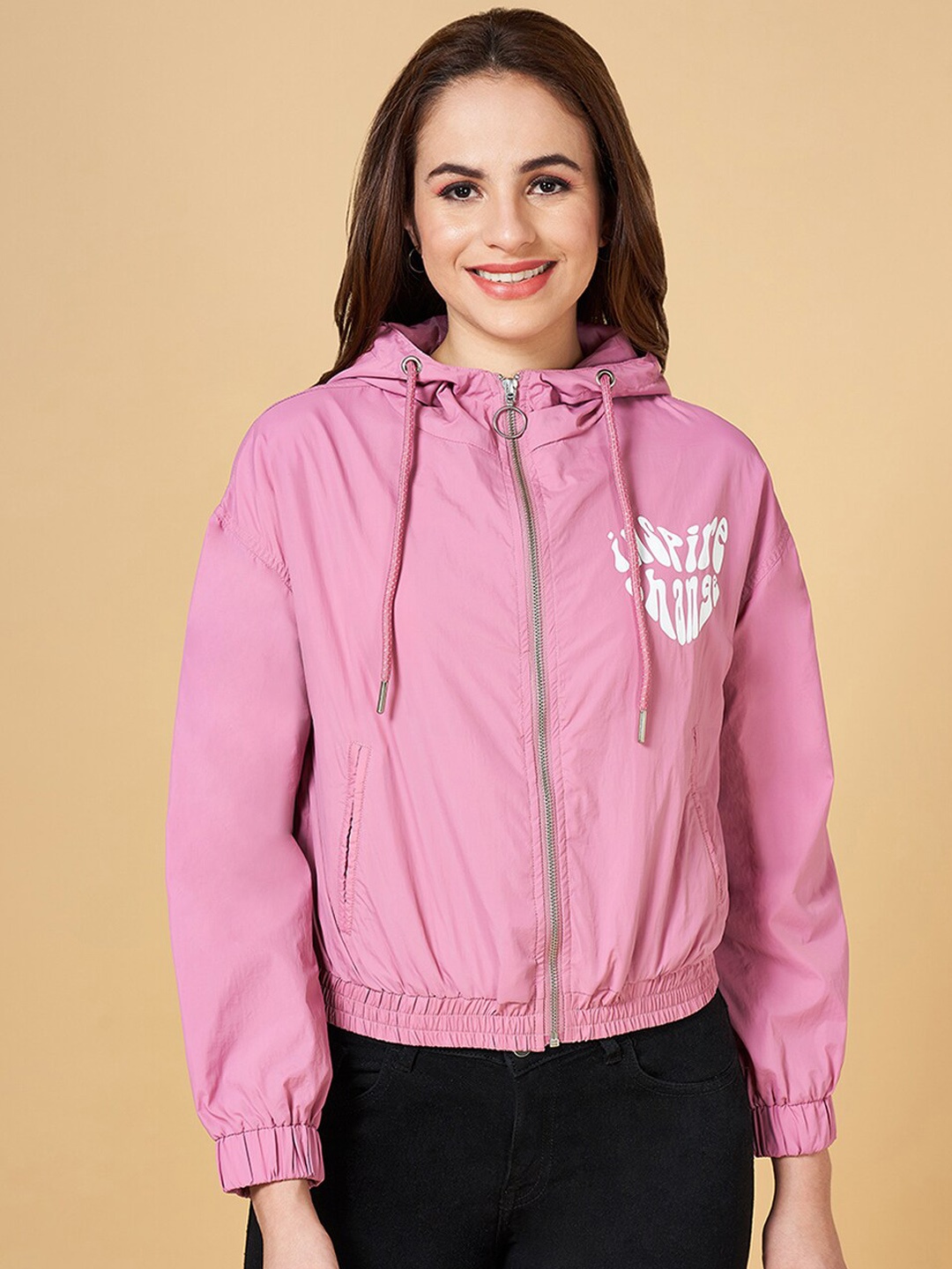 

People Hooded Typography Printed Tailored Jacket, Pink