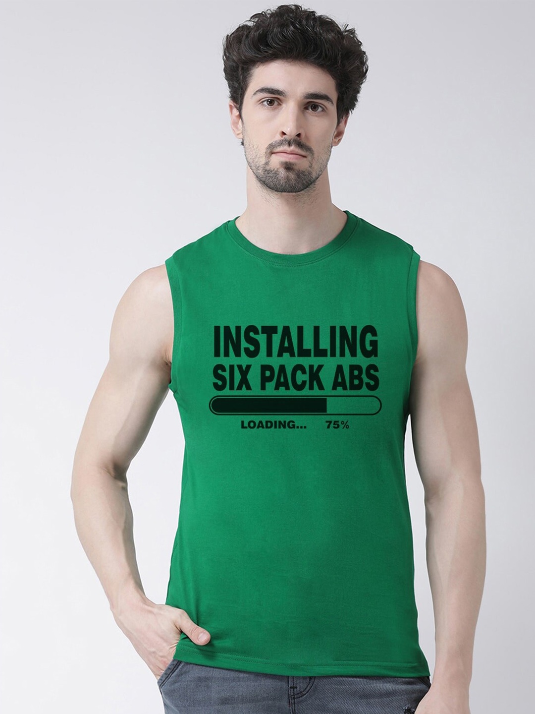 

Friskers Typography Printed Sleeveless Pure Cotton Slim Fit T-shirt, Green