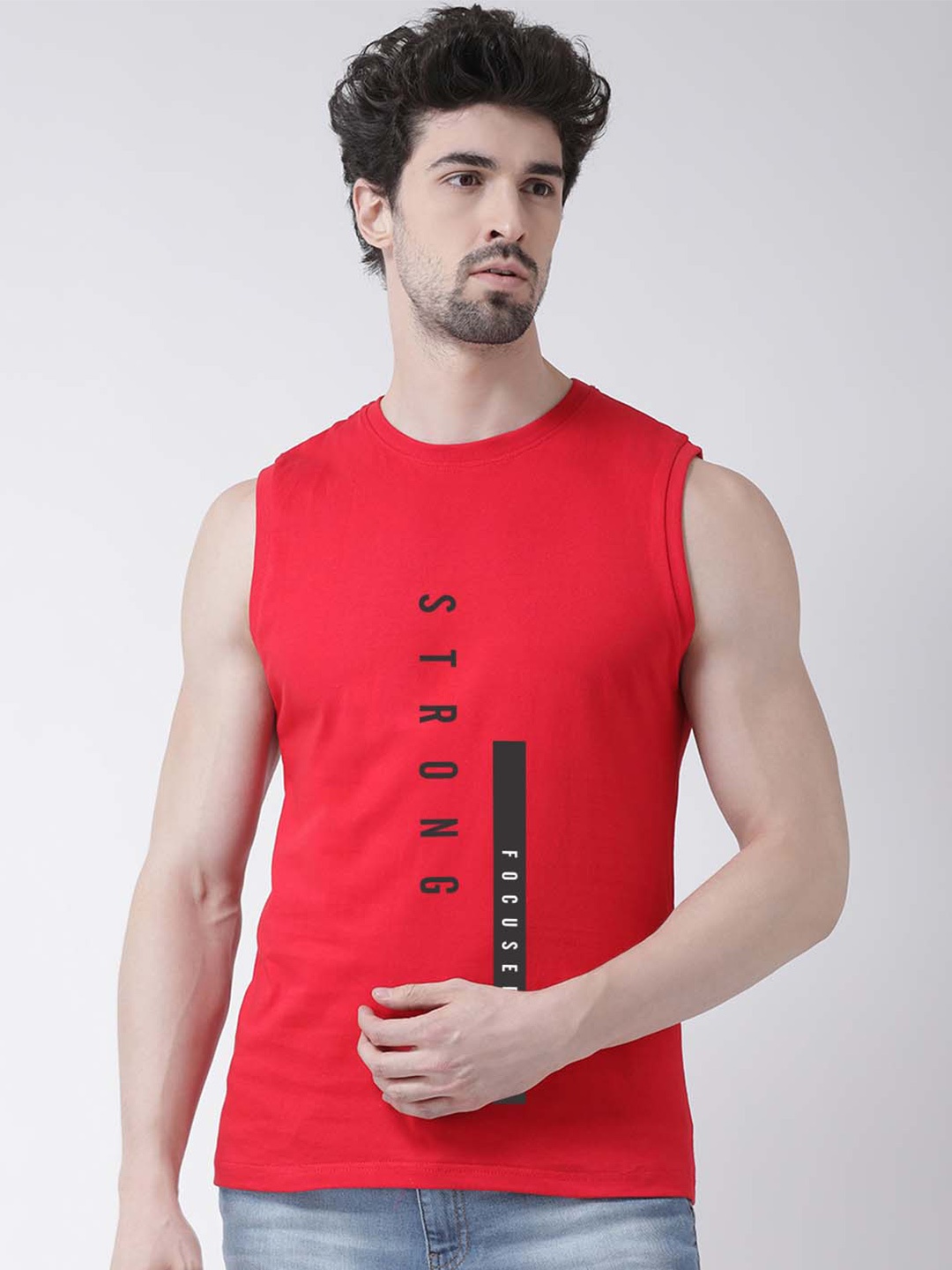 

Friskers Typography Printed Pure Cotton Slim Fit Sleeveless T-shirt, Red