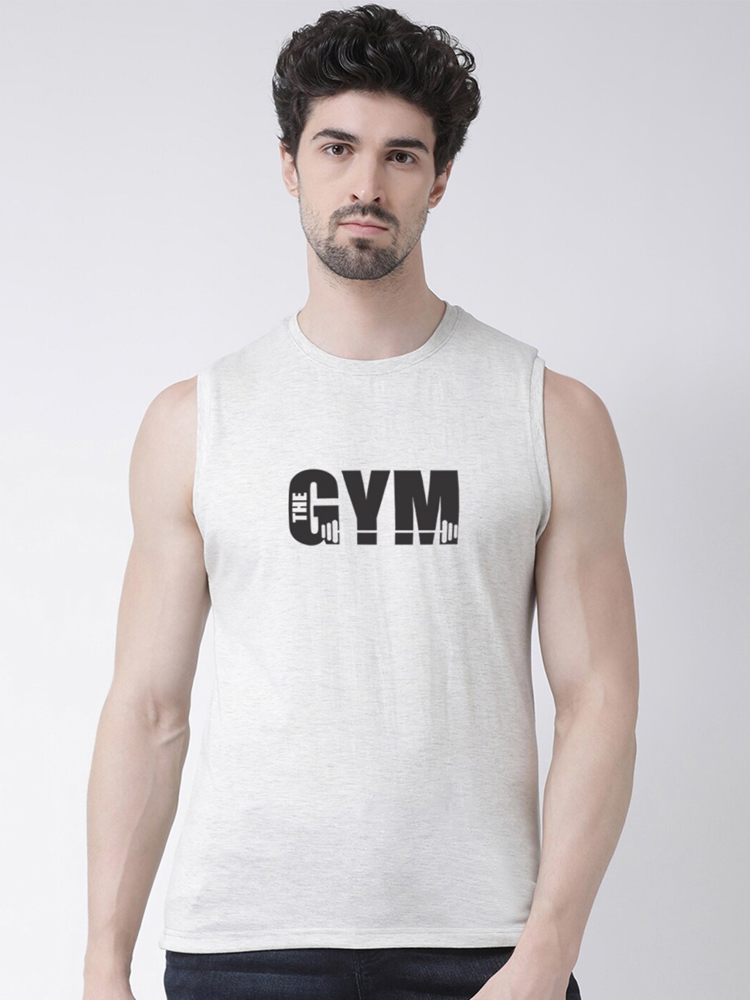 

Friskers Typography Printed Sleeveless Pure Cotton Slim Fit T-shirt, Grey