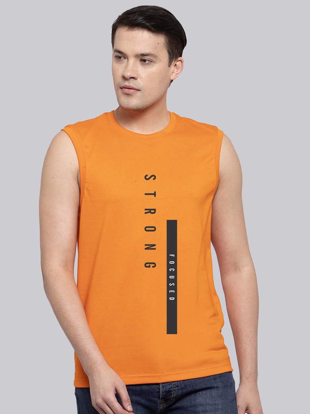 

Friskers Typography Printed Sleeveless Bio Wash Pure Cotton Slim Fit T-shirt, Mustard