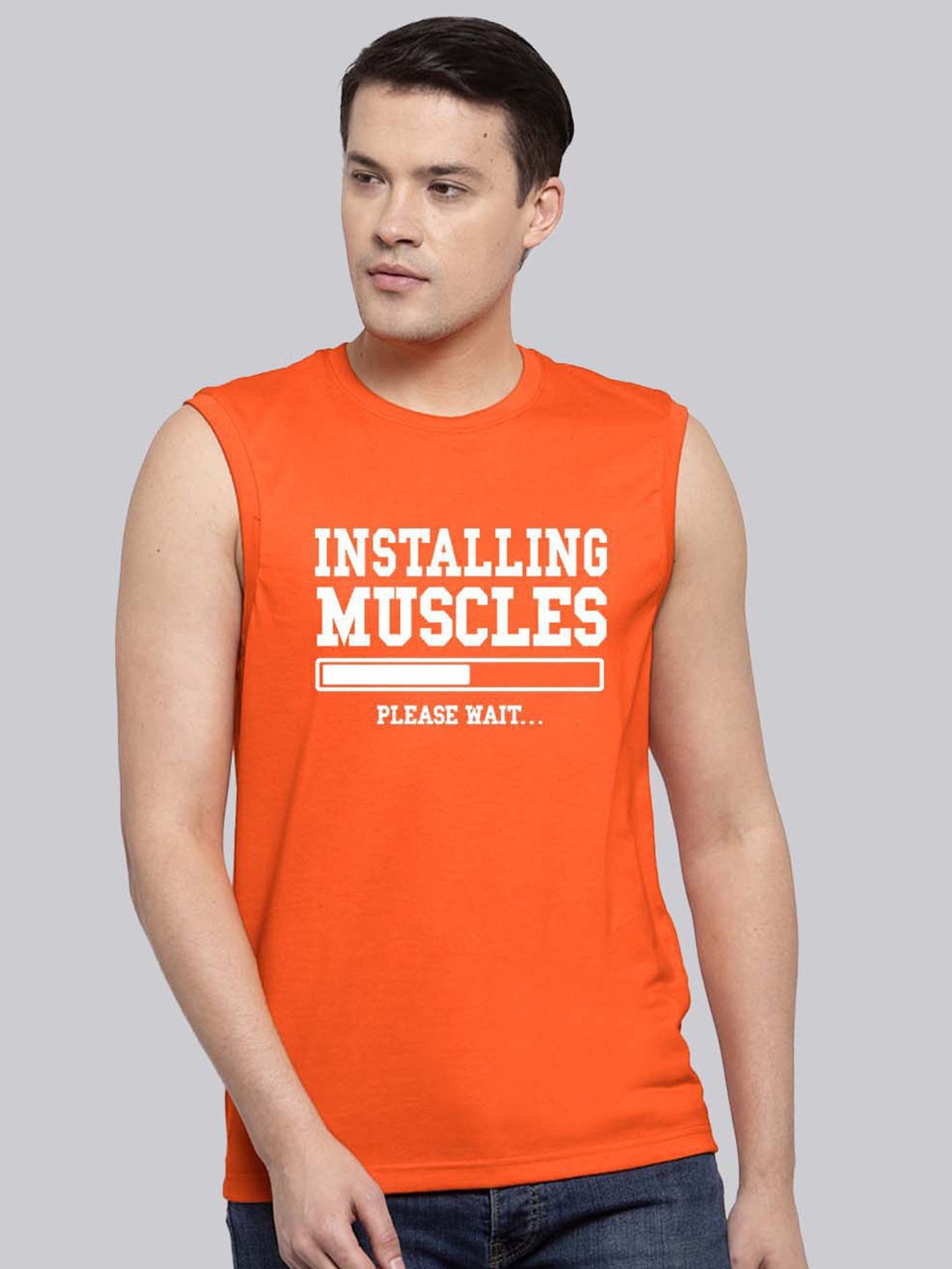 

Friskers Typography Printed Sleeveless Bio Wash Pure Cotton Slim Fit T-shirt, Orange