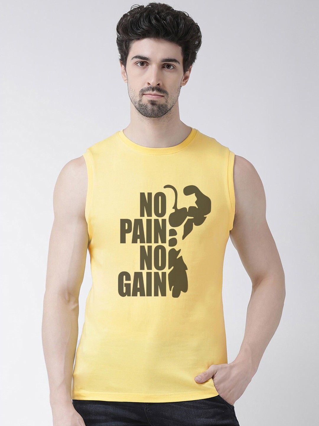 

Friskers Typography Printed Sleeveless Pure Cotton Slim Fit T-shirt, Yellow