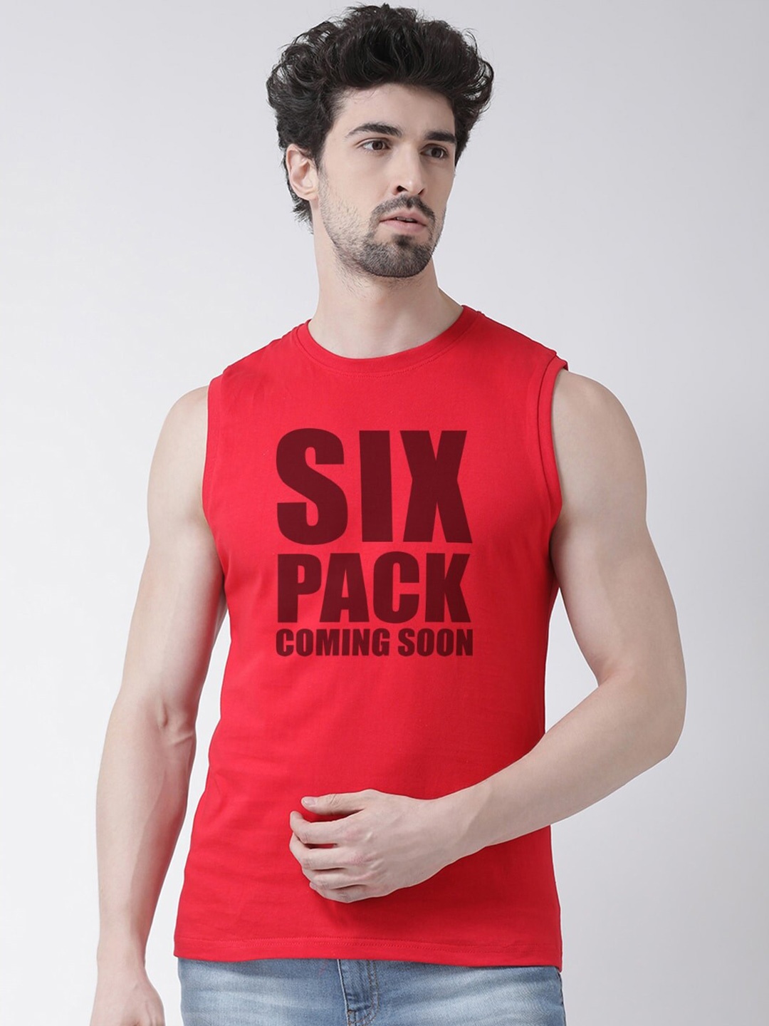 Friskers Typography Printed Sleeveless Pure Cotton Slim Fit T-shirt, Red