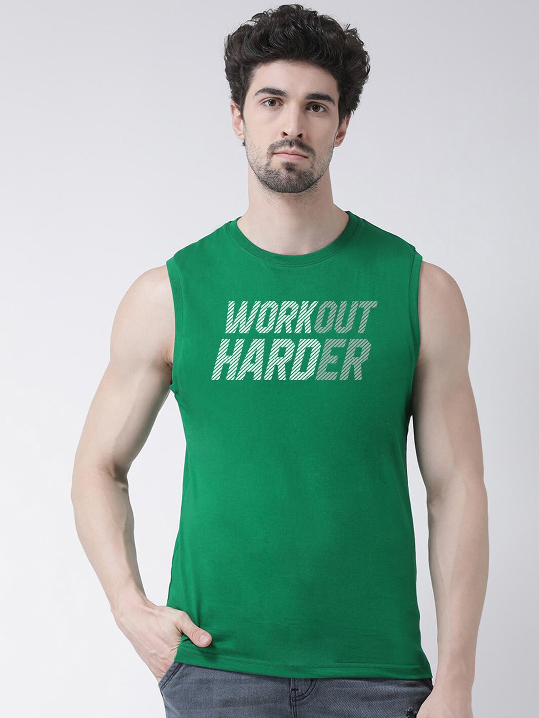 

Friskers Typography Printed Sleeveless Bio Wash Pure Cotton Slim Fit T-shirt, Green