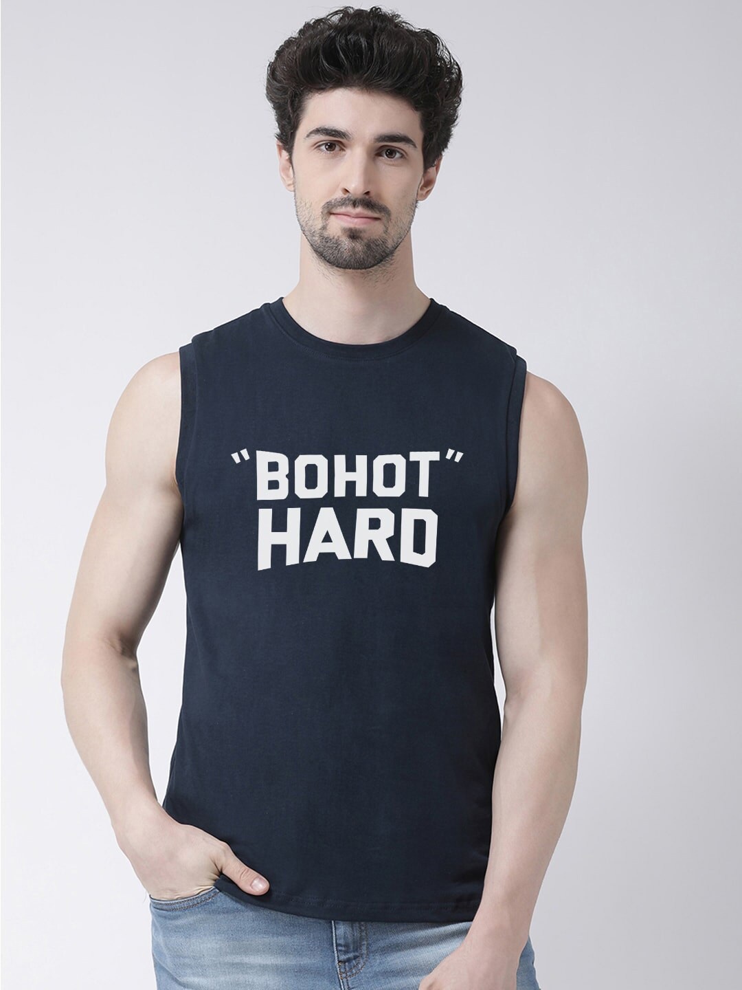 

Friskers Typography Printed Sleeveless Pure Cotton Slim Fit T-shirt, Navy blue