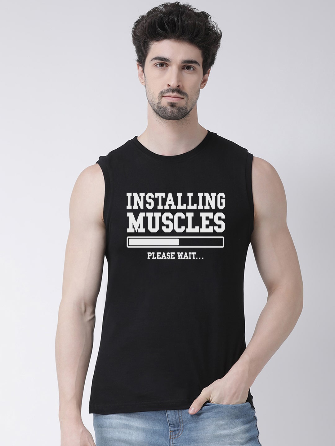 

Friskers Typography Printed Sleeveless Pure Cotton Slim Fit T-shirt, Black