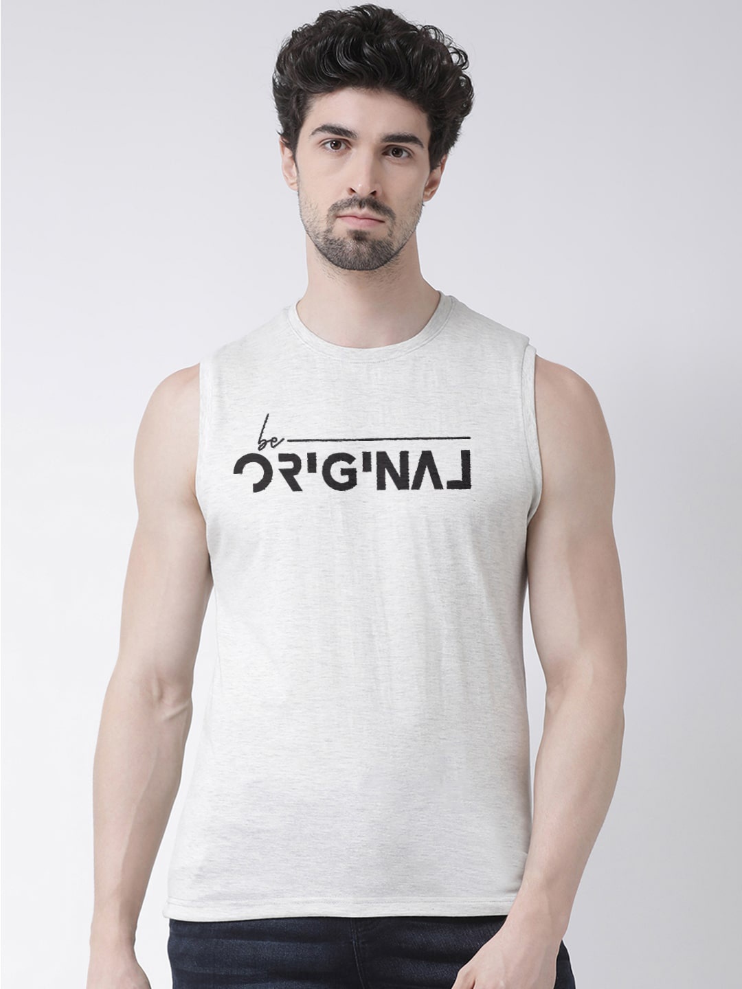 

Friskers Typography Printed Sleeveless Pure Cotton Slim Fit T-shirt, Grey