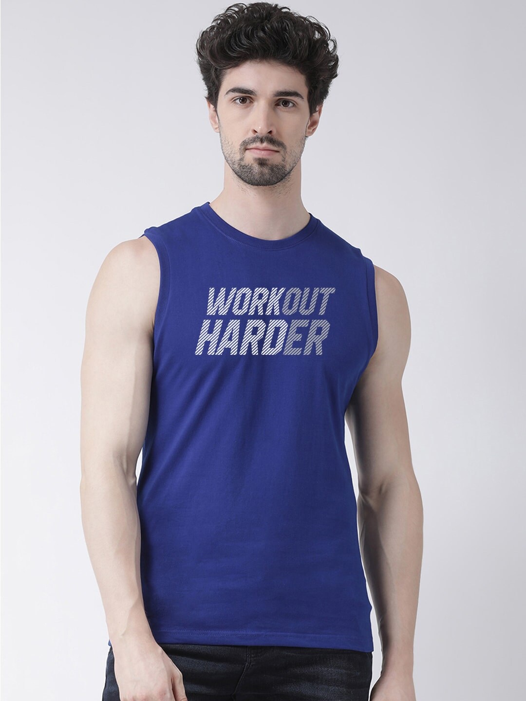 

Friskers Typography Printed Sleeveless Pure Cotton Slim Fit T-shirt, Blue