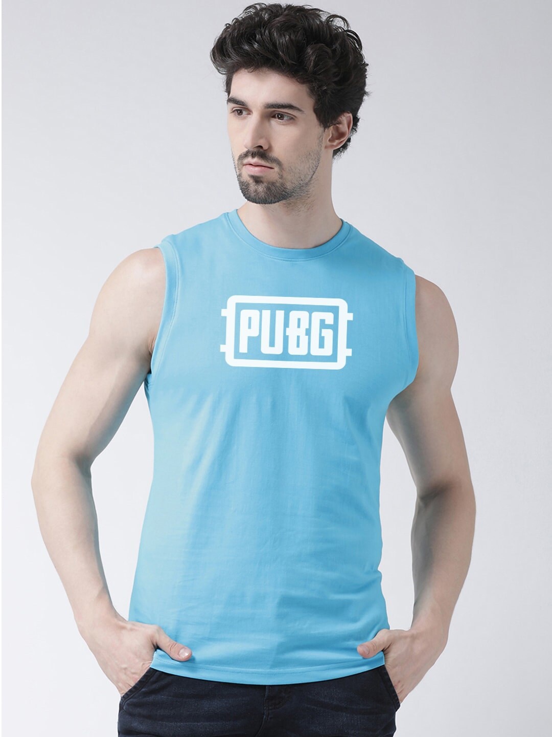 

Friskers Typography Printed Sleeveless Pure Cotton Slim Fit T-shirt, Turquoise blue