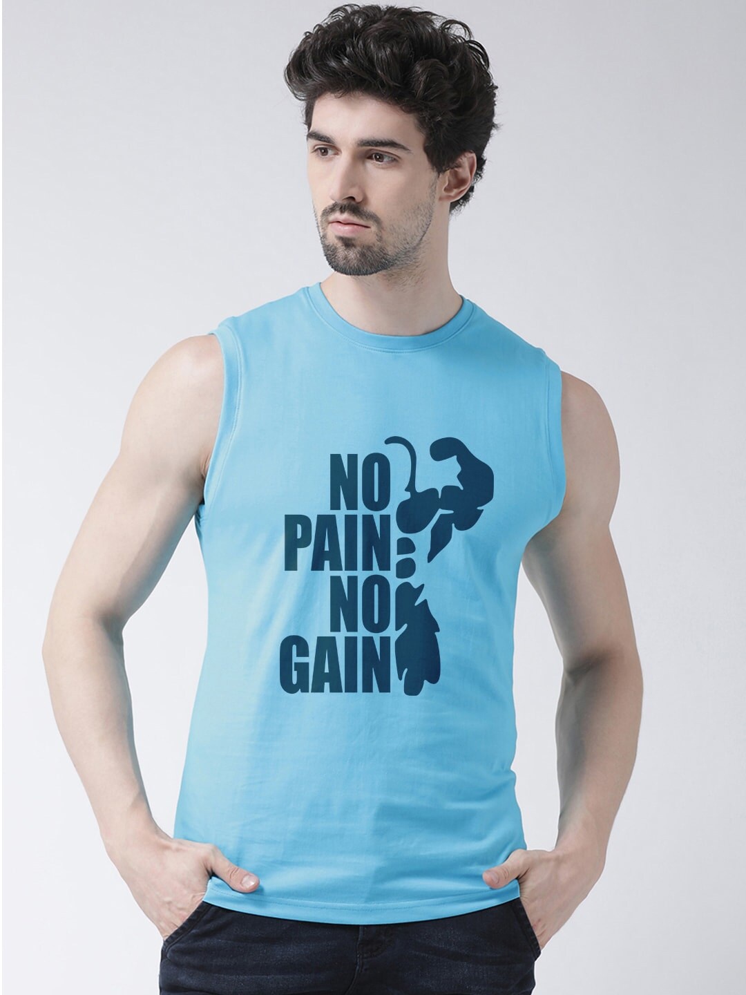 

Friskers Typography Printed Sleeveless Pure Cotton Slim Fit T-shirt, Turquoise blue