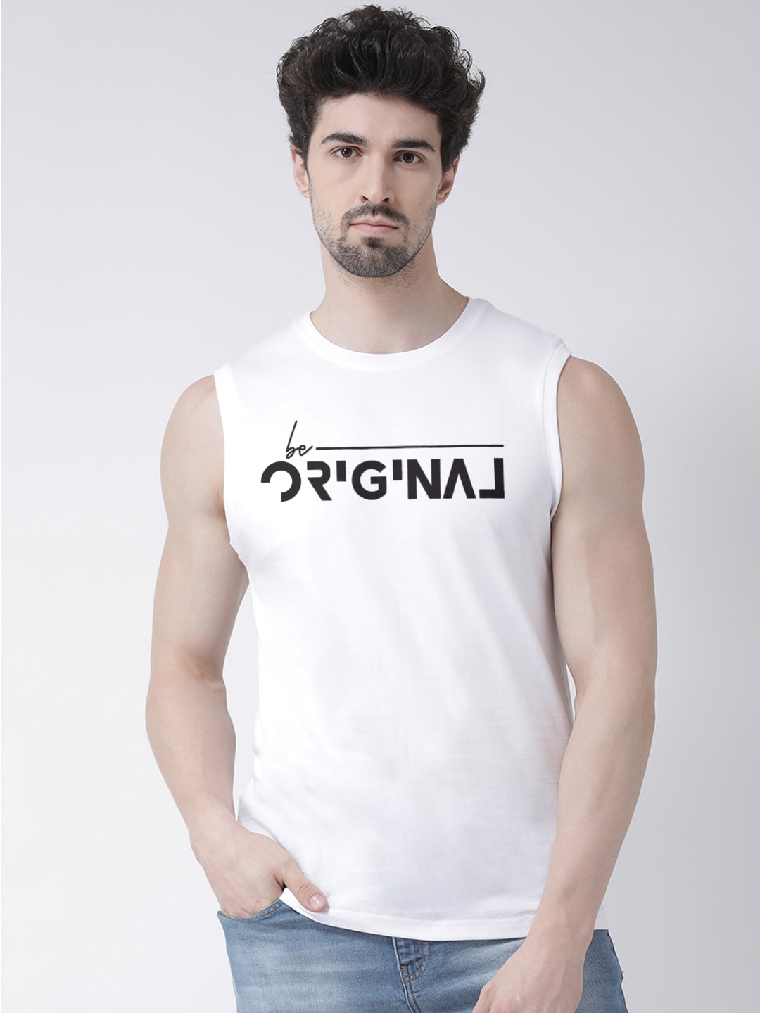 

Friskers Typography Printed Pure Cotton Slim Fit Sleeveless T-shirt, White