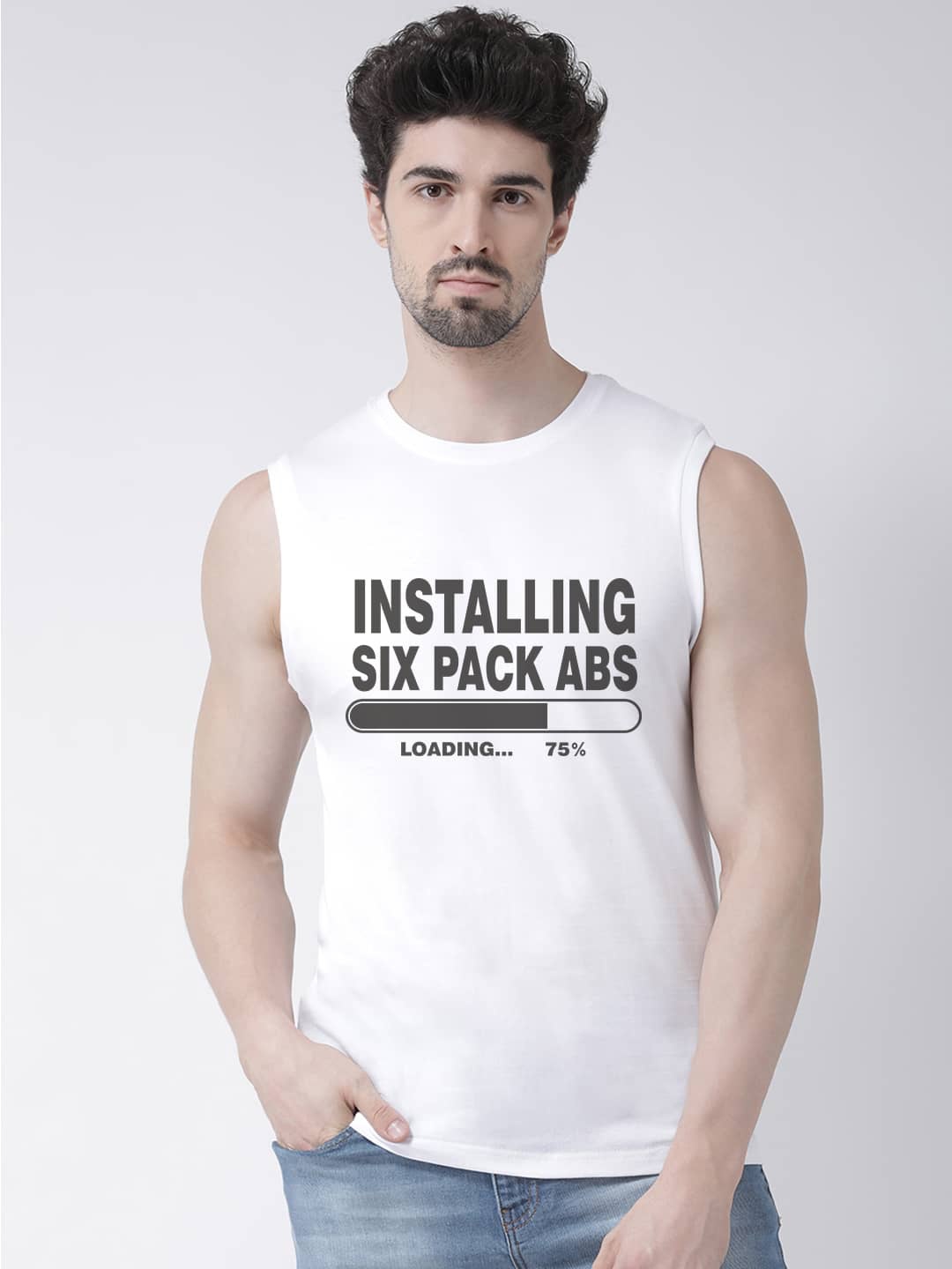 

Friskers Typography Printed Sleeveless Pure Cotton Slim Fit T-shirt, White