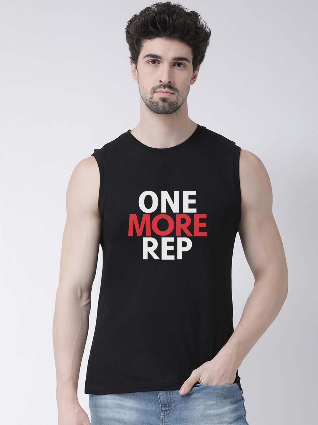 Friskers Typography Printed Pure Cotton Slim Fit Sleeveless T-shirt, Black