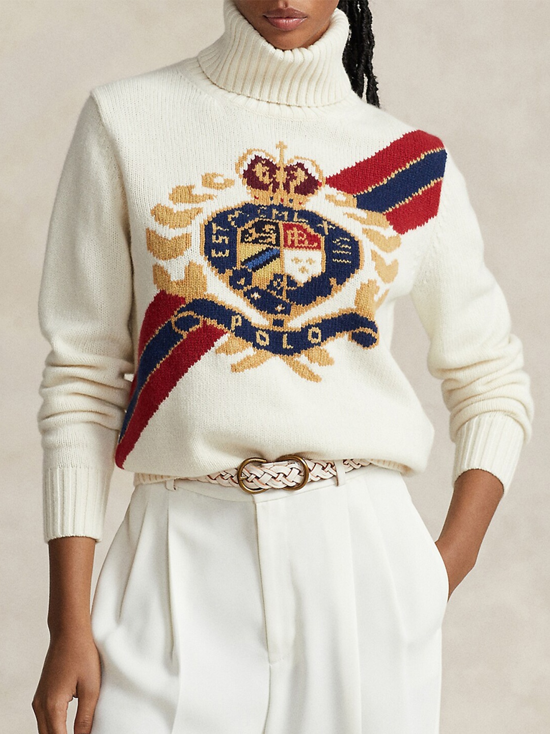 

Polo Ralph Lauren Turtle Neck Intarsia-Crest Printed Woolen Sweatshirt, White