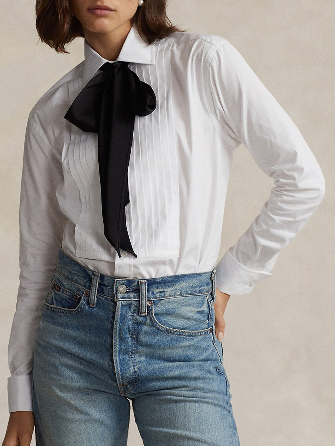 

Polo Ralph Lauren Slim Fit Spread Collar Cotton Necktie Tuxedo Shirt, White