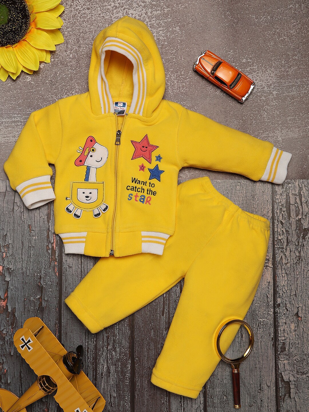 

V-Mart Kids Embroidered Hooded Pure Wool T-shirt With Trousers, Yellow