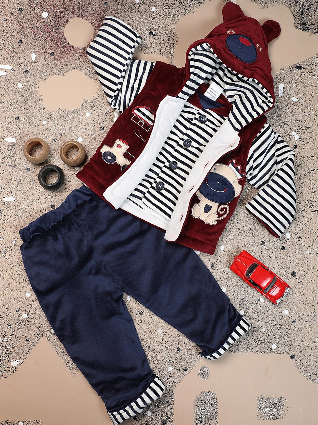 

V-Mart Infants Kids Striped Hooded Pure Wool T-shirt with Trousers, Maroon