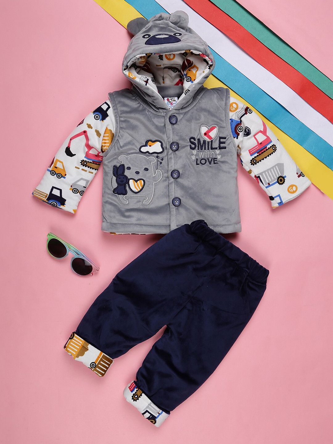 

V-Mart Infants Printed Hooded Shirt with Trouser, White